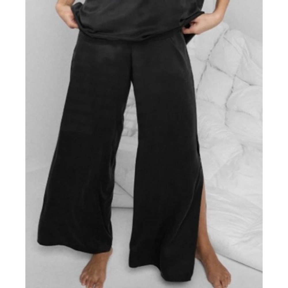 Lunya Washable Silk Wide Leg Side Slit Sleep Pants Women Small Black Loungewear